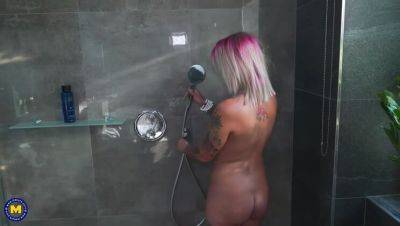 Big-breasted blonde MILF masturbating in the shower with toy - Xandra - porntry.com