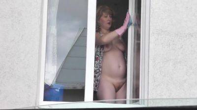 Milf In Bathrobe Without Panties And Bra Washes Window Of Apartment. Nude In Public. Naked In Public. Big Natural Tits Milf - voyeurhit.com