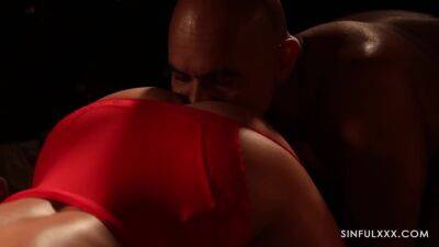 Red Lingerie - MILF in red lingerie against two muscular machos - anysex.com